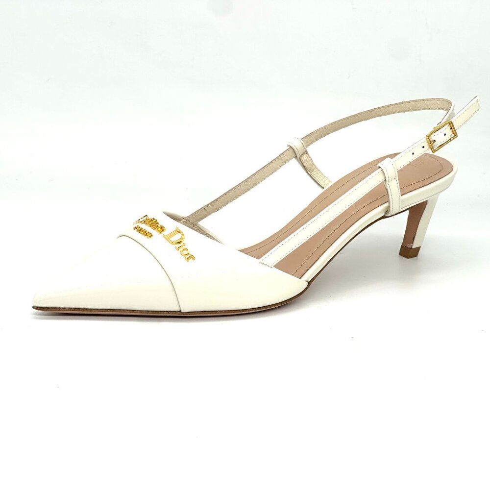 DIOR MY 50 Patent Leather Slingback Sandals Kitten Heels Pumps Shoes Ivory - Picture 7 of 16